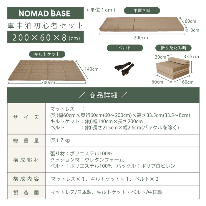 車中泊初心者セット マットレス+キルトケット SS セミシングルサイズ NOMAD BASE